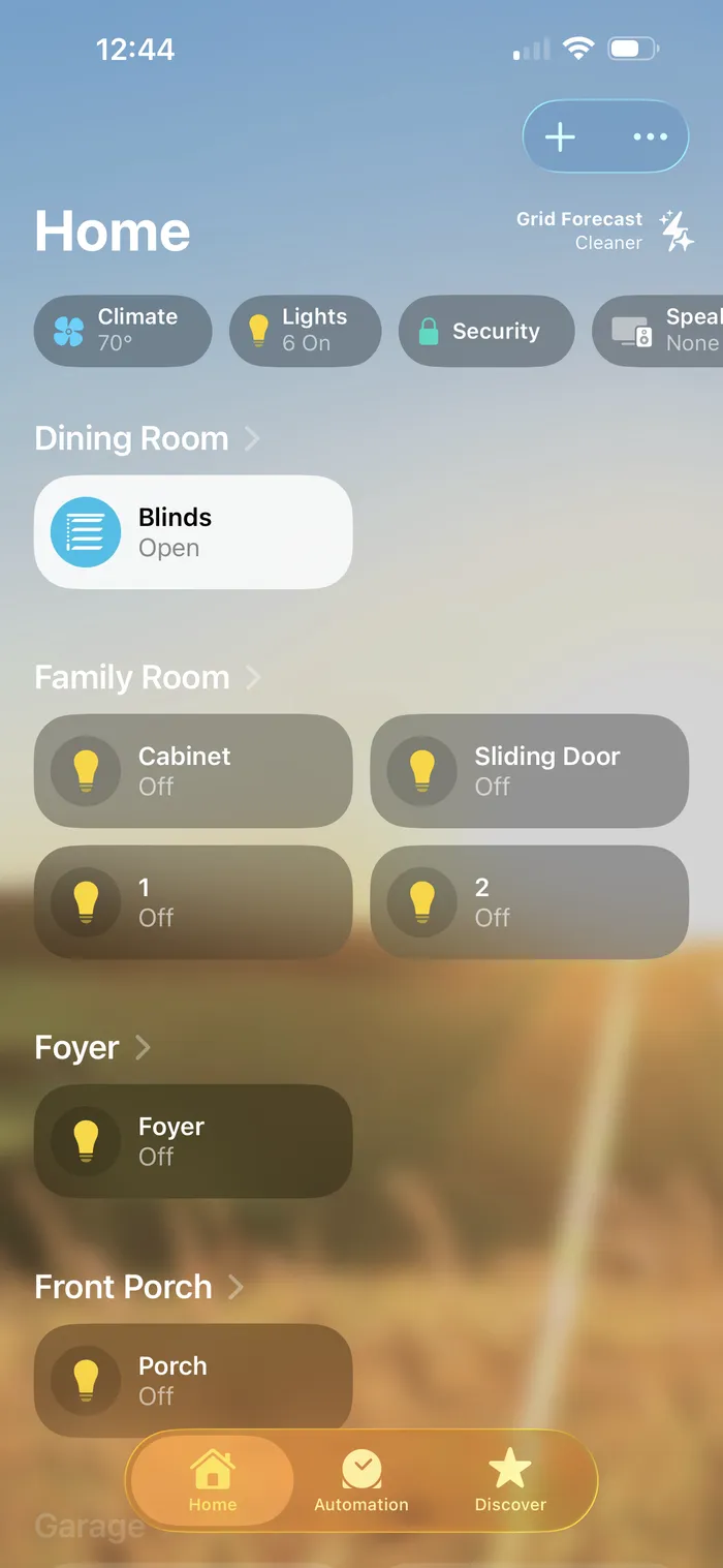 Apple Home app dashboard with lights, climate, and blinds arranged for one-tap control