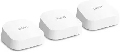 Three eero mesh wifi units, a system installed for whole-home coverage without dead spots