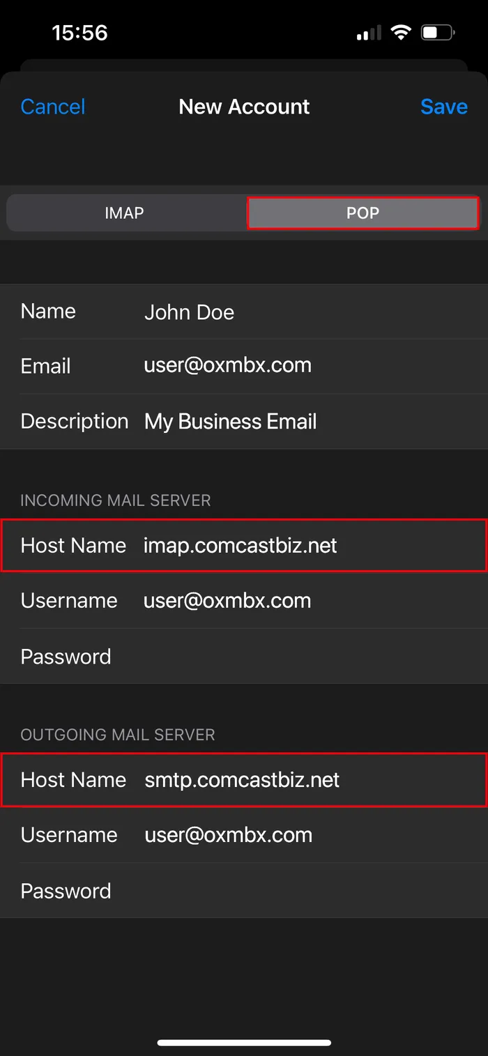 iPhone Mail setup screen with incoming and outgoing server fields highlighted